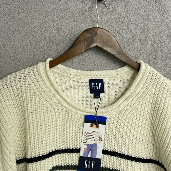 Gap Women's L Striped Sweater Cream Multicolor Cotton Ribbed Knit  M0491 - Picture 9 of 10